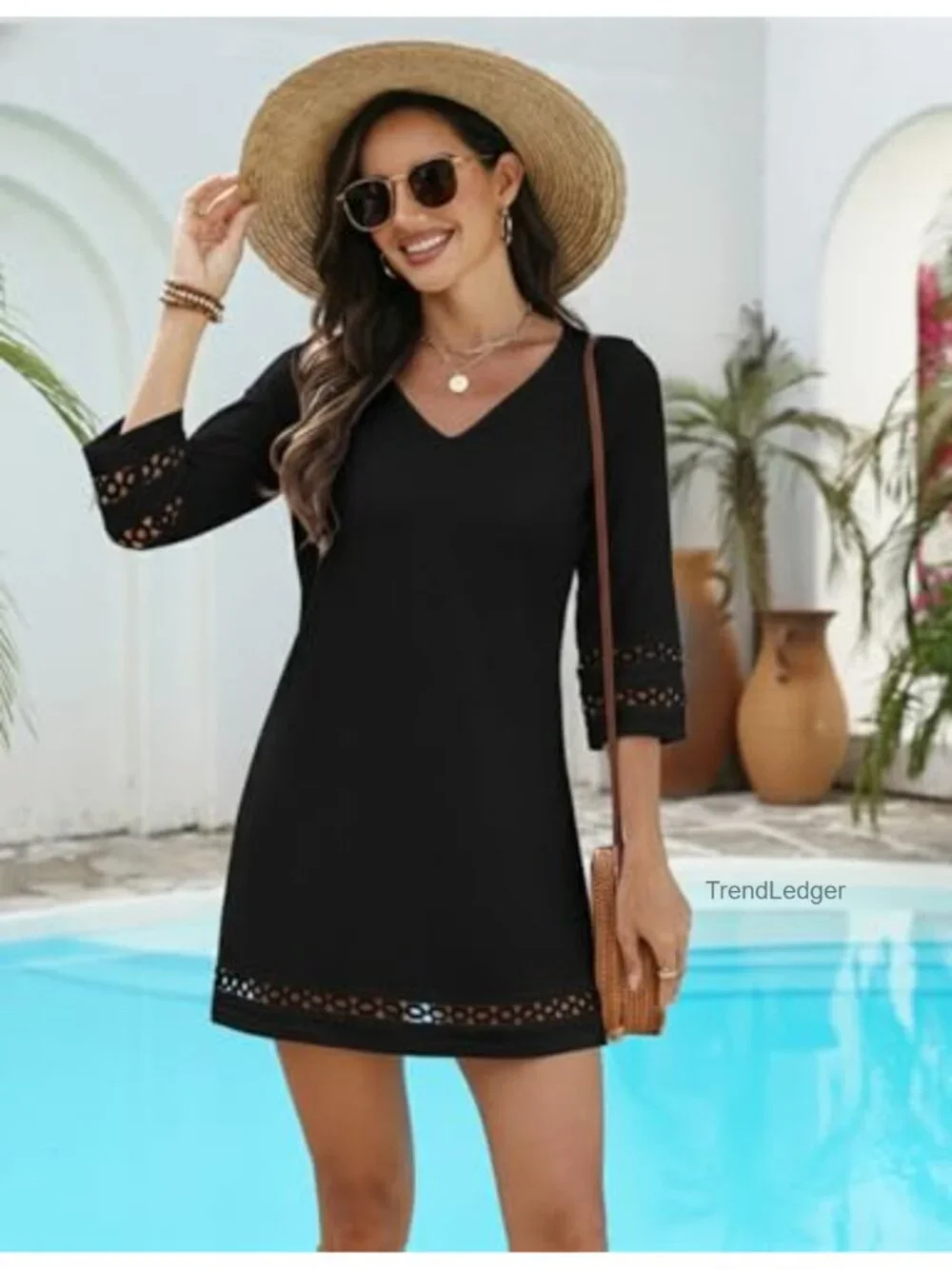 Women's V-Neck Eyelet Cover Up Summer Beach Dress 3/4 Sleeve